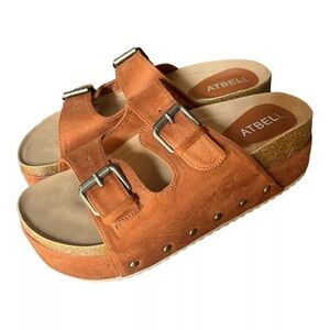 Women Platform Sandal Slip On Comfort Chunky Slides Flat Buckle Brown Suede cork